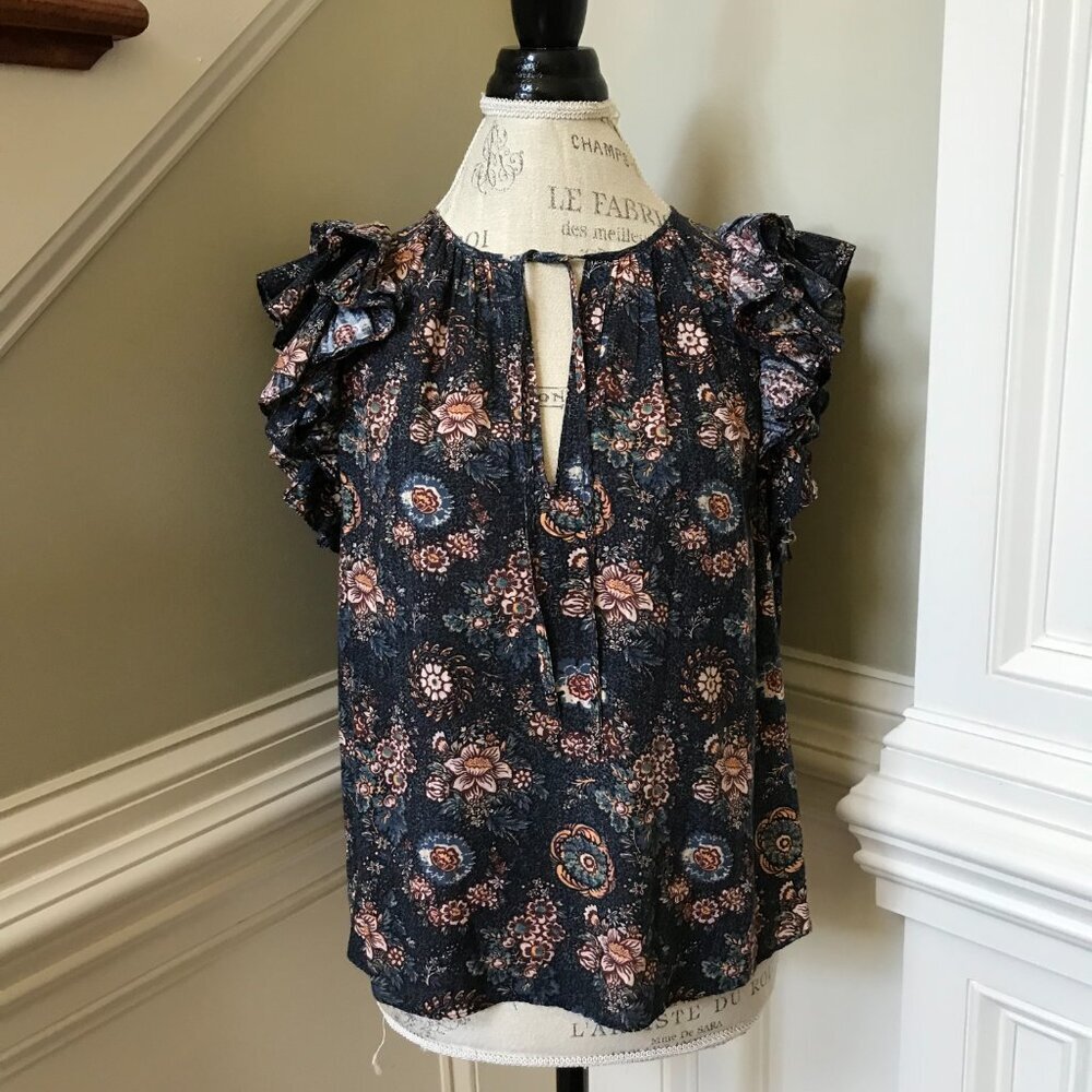 Ulla Johnson Elisa Top Shirt Blouse Womens 10 Navy Blue Flutter Sleeve Floral - Picture 5 of 12